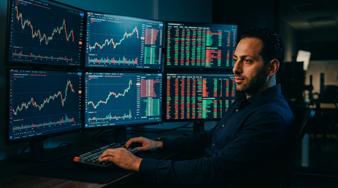 Guy Gentile at his multi-monitor trading desk reviewing charts and Level 2 order flow