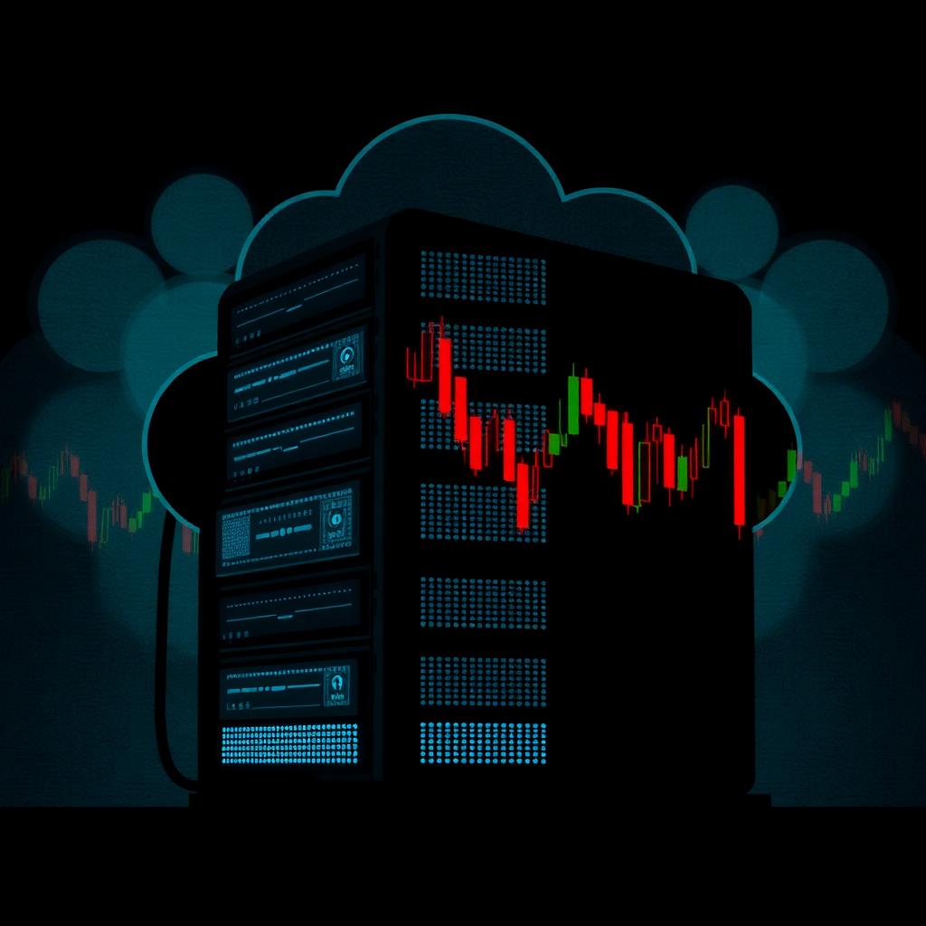 Dark editorial illustration: a glowing cloud server rack overlaid with red and green candlesticks on a black background