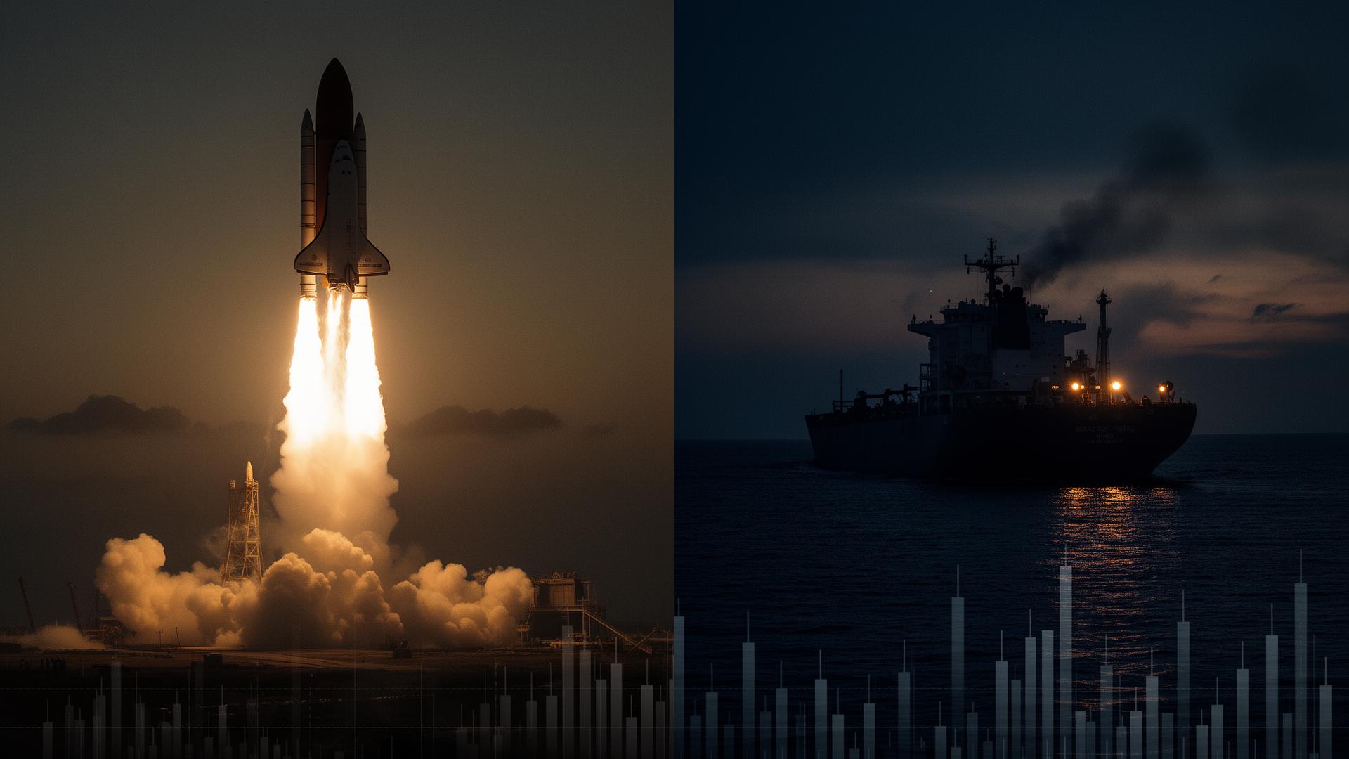 Split editorial photo: a rocket lifting off at dusk on the left, an oil tanker silhouette in the Strait of Hormuz on the right, with faint candlestick chart overlay