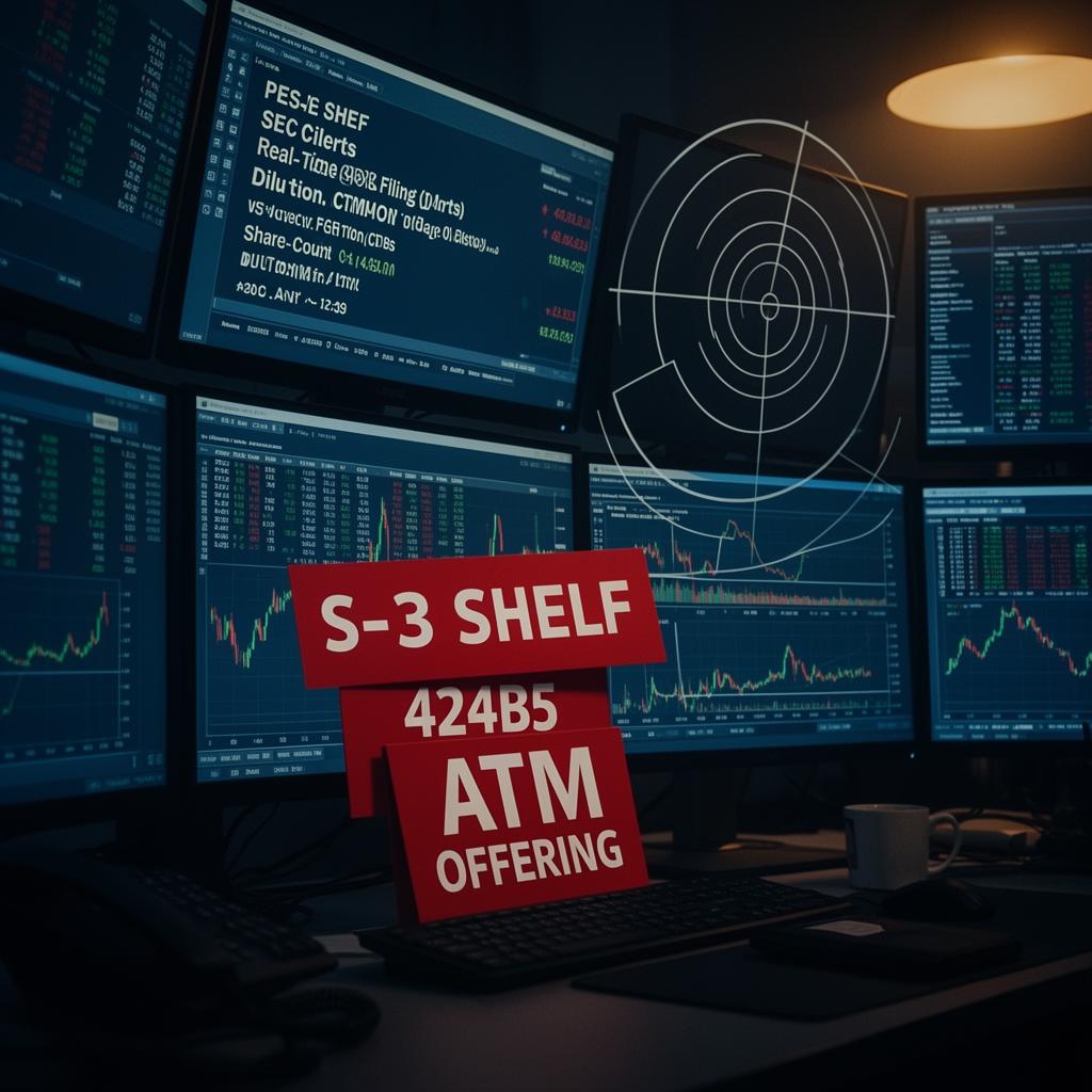 Trading desk showing real-time SEC dilution alerts, share-count history charts, and red 424B5 ATM offering notifications on multiple monitors