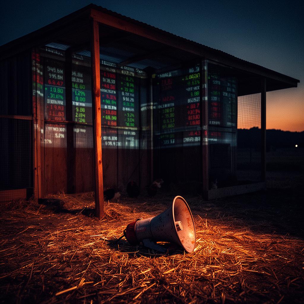 An empty chicken coop on a Sonoma farm at dusk with stock tickers projected on the wooden walls and a weathered megaphone lying on hay in the foreground