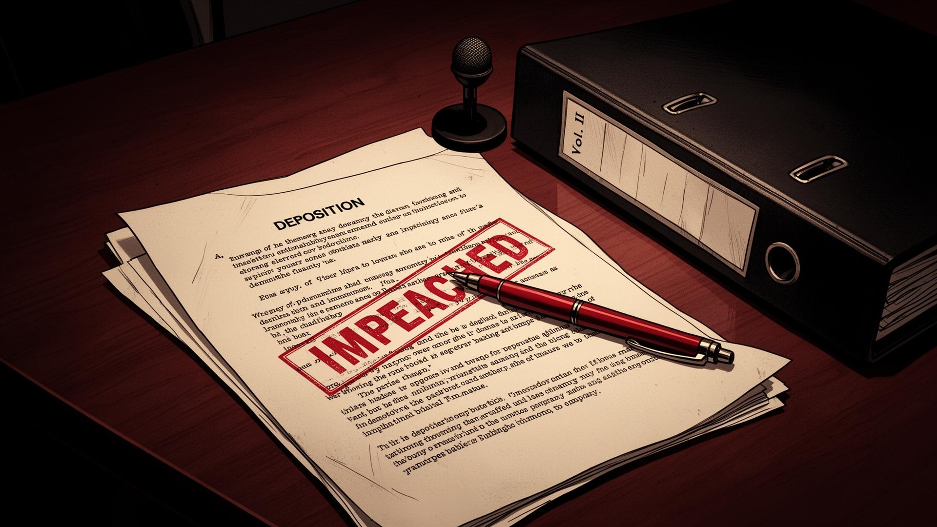 A federal deposition transcript page on a dark wooden conference table, marked in red ink with the word IMPEACHED stamped diagonally across the testimony, a red pen and a black evidence binder labeled Volume II beside it