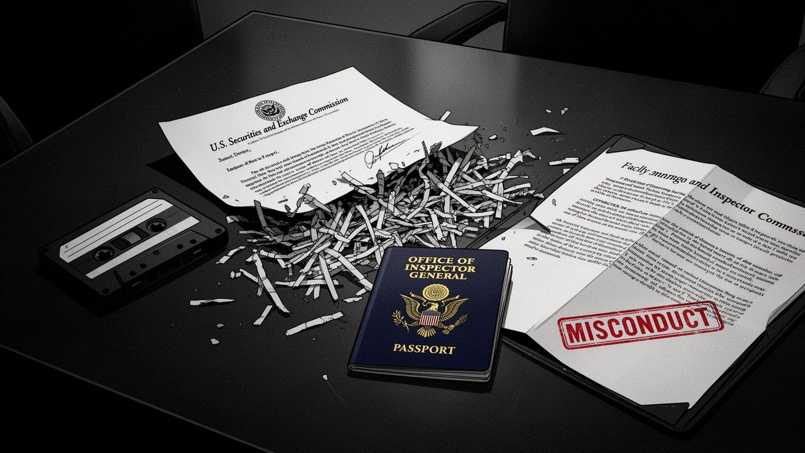 A noir editorial illustration of a U.S. Securities and Exchange Commission letterhead partially shredded on a dark conference table, an audio cassette tape and a Bahamian passport beside it, an open Office of Inspector General complaint folder stamped MISCONDUCT in red ink