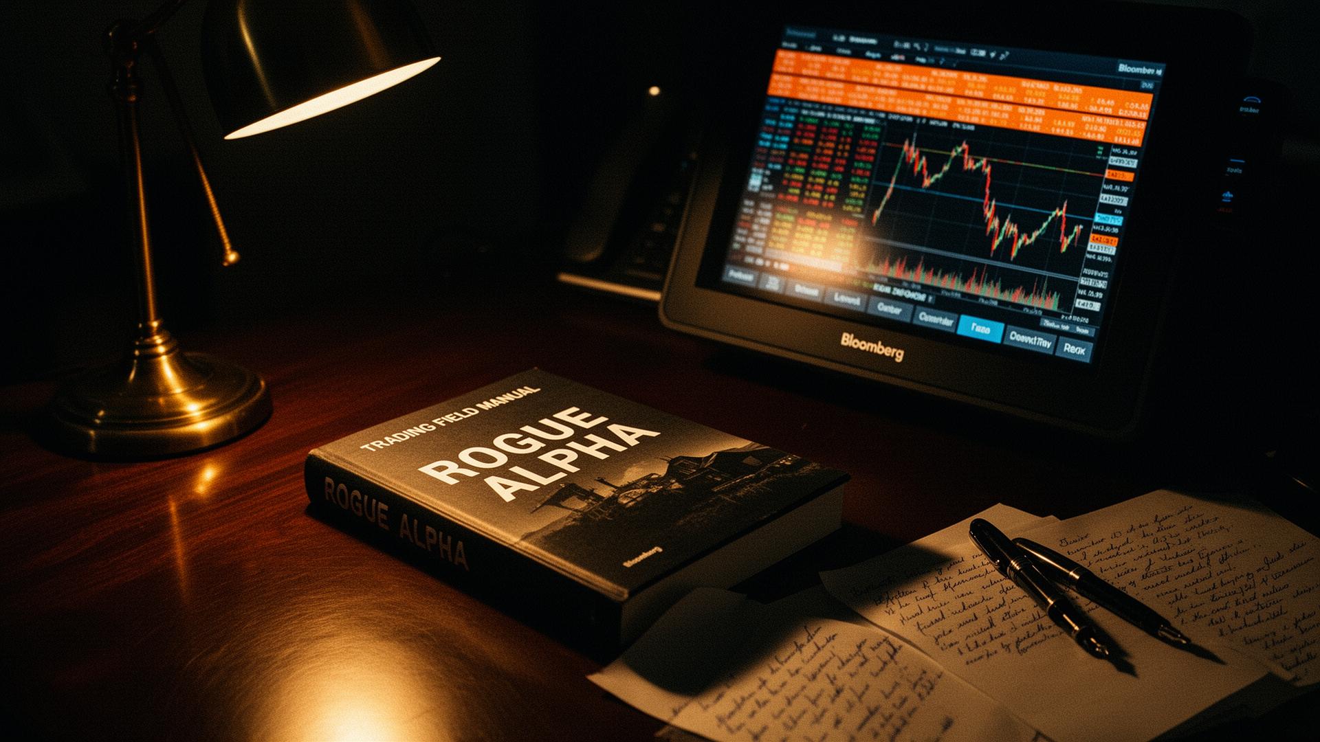 ROGUE ALPHA hardcover trading field manual on a dark mahogany desk beside a glowing Bloomberg terminal, brass desk lamp, handwritten notes and a fountain pen