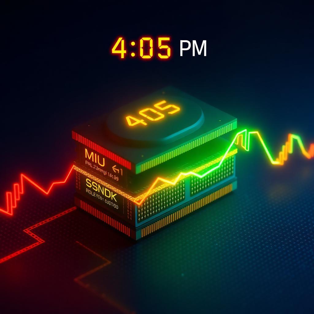 Editorial illustration of a glowing HBM memory stack with MU and SNDK ticker lines diverging into red and green, a pre-market clock reading 4:05 PM overhead, signaling Micron's after-the-close earnings catalyst.