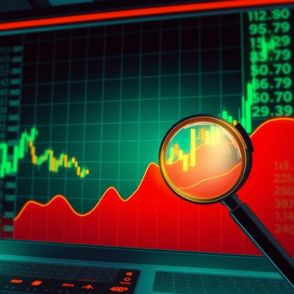 Editorial illustration of a magnifying lens over a stock chart where green candles emerge from a red field, scanning for bounce candidates after a market pullback.