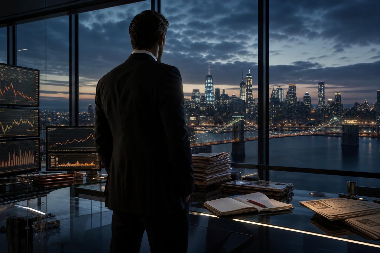 Editorial photograph of a tall trader in a dark suit standing at a glass desk covered with screens, notebooks, and newspapers, looking out over a pre-dawn Manhattan skyline.