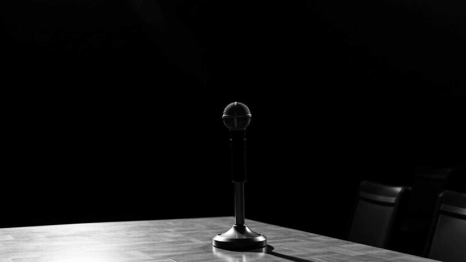 A lone microphone on a witness stand under a single spotlight