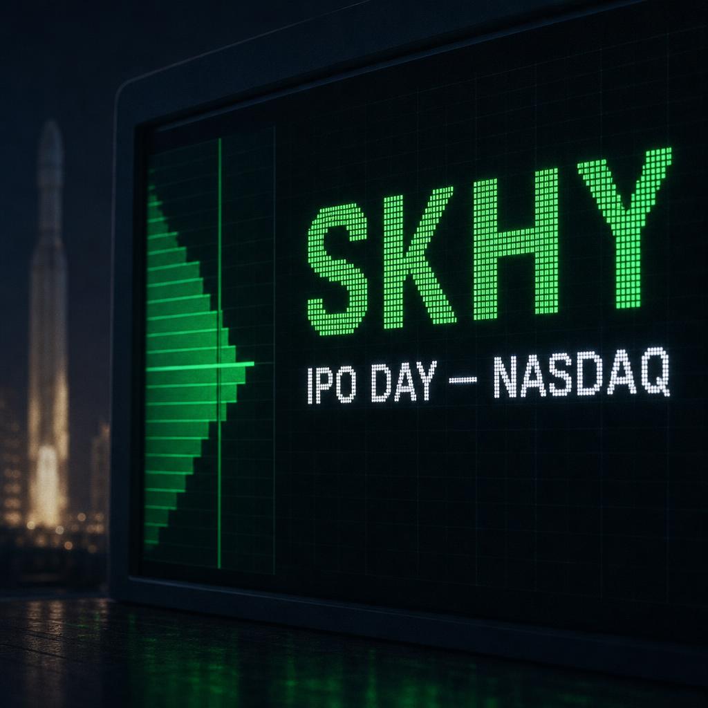 Editorial illustration of a Nasdaq LED display showing the SKHY ticker on IPO day, with a rocket silhouette in the background and green order-book bars.