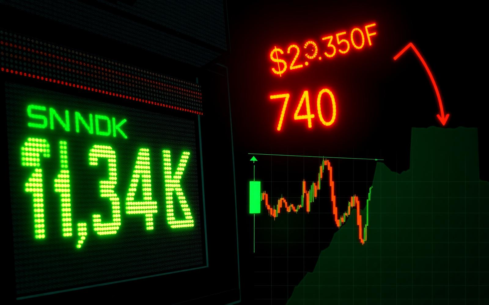 Dark trading-terminal illustration showing SNDK $1,340 in green and SPY 740 in amber with three intraday washouts printing higher lows.