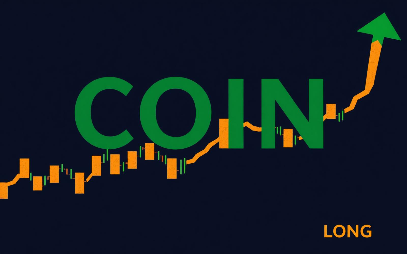 Dark trading terminal illustration with COIN ticker in green over a rising candlestick chart and an amber 'LONG' label.