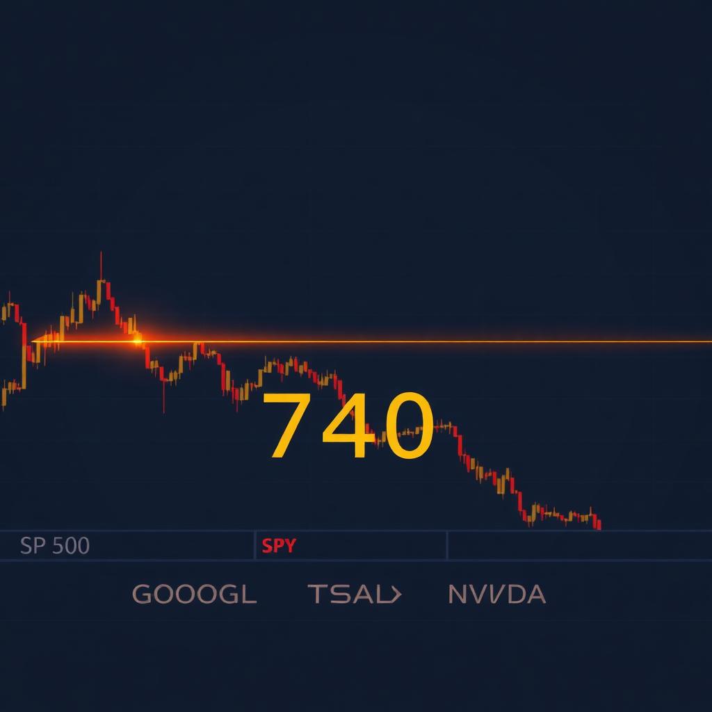 Dark trading terminal with S&P 500 candlestick chart hovering over an amber 740 line, ticker tape showing GOOGL, TSLA, and NVDA.