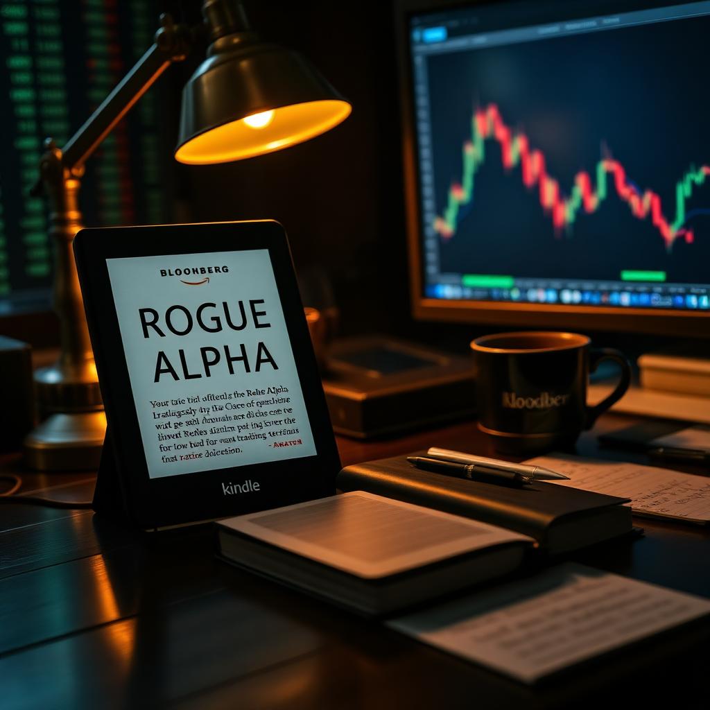Rogue Alpha book on a Kindle screen beside a hardcover copy on a trading desk with a Bloomberg terminal glowing in the background