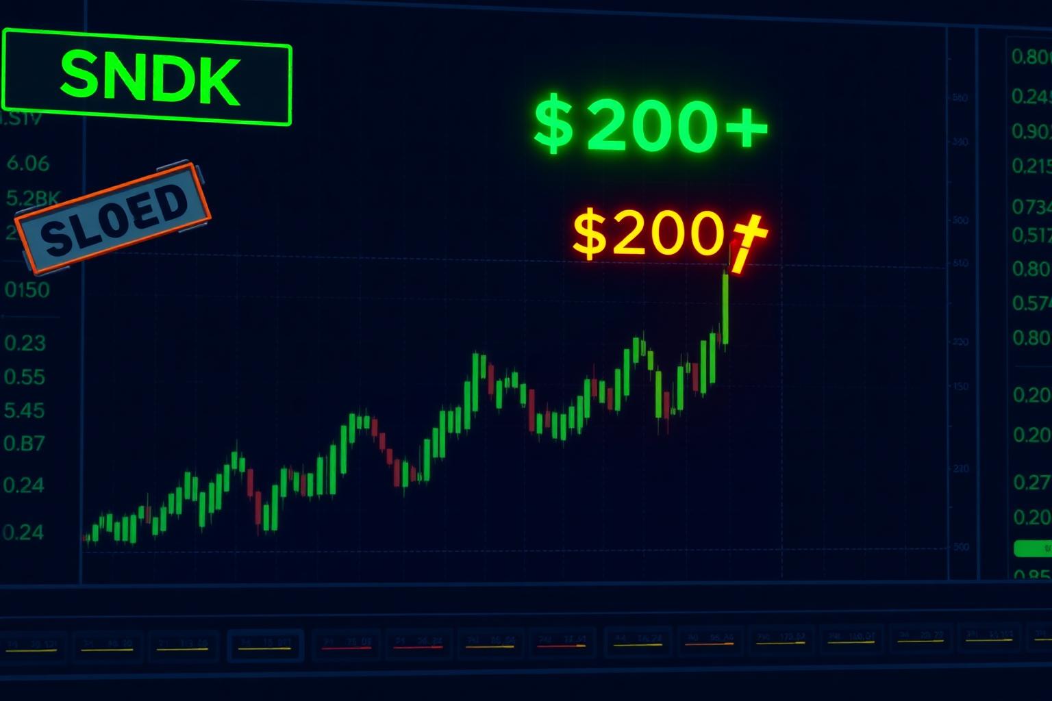 Dark trading terminal illustration showing SNDK ticker marked closed and COIN ticker rising toward a glowing $200-plus target label.