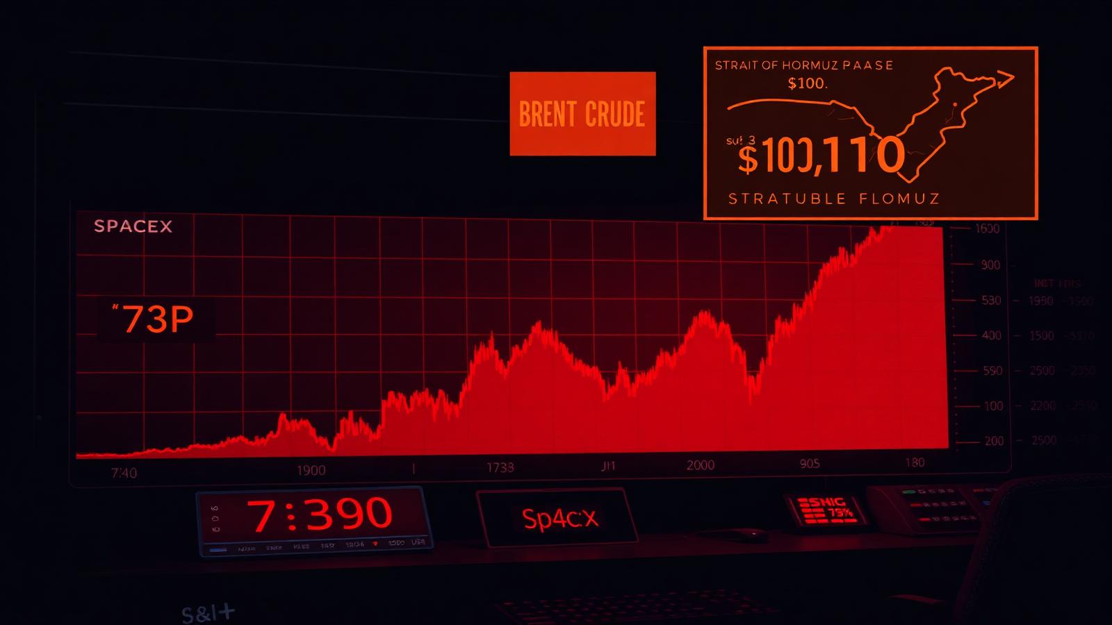 Editorial illustration: a red S&P chart cracking through the 740 line toward 735, a broken SPCX ticker at $110, and Brent crude candles ripping past $100 with a Strait of Hormuz outline.