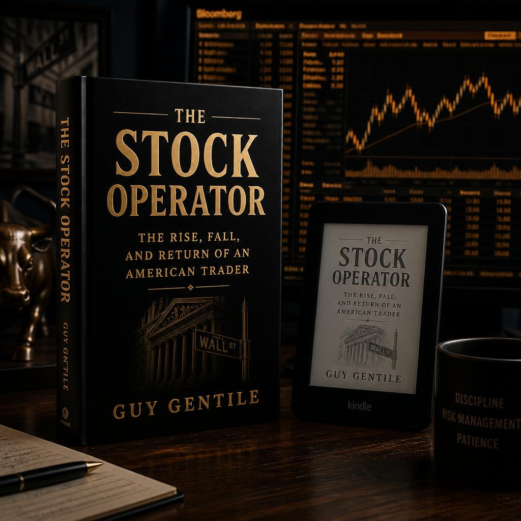 The Stock Operator hardcover by Guy Gentile on a trading desk beside a Kindle, Bloomberg terminal glowing amber in the background