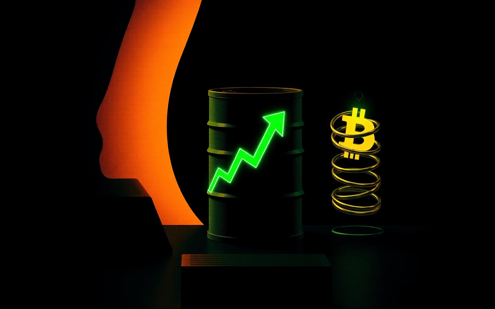Editorial illustration of a fading memory chip wafer, an oil barrel with a rising green arrow, and a coiled bitcoin spring on a black background.