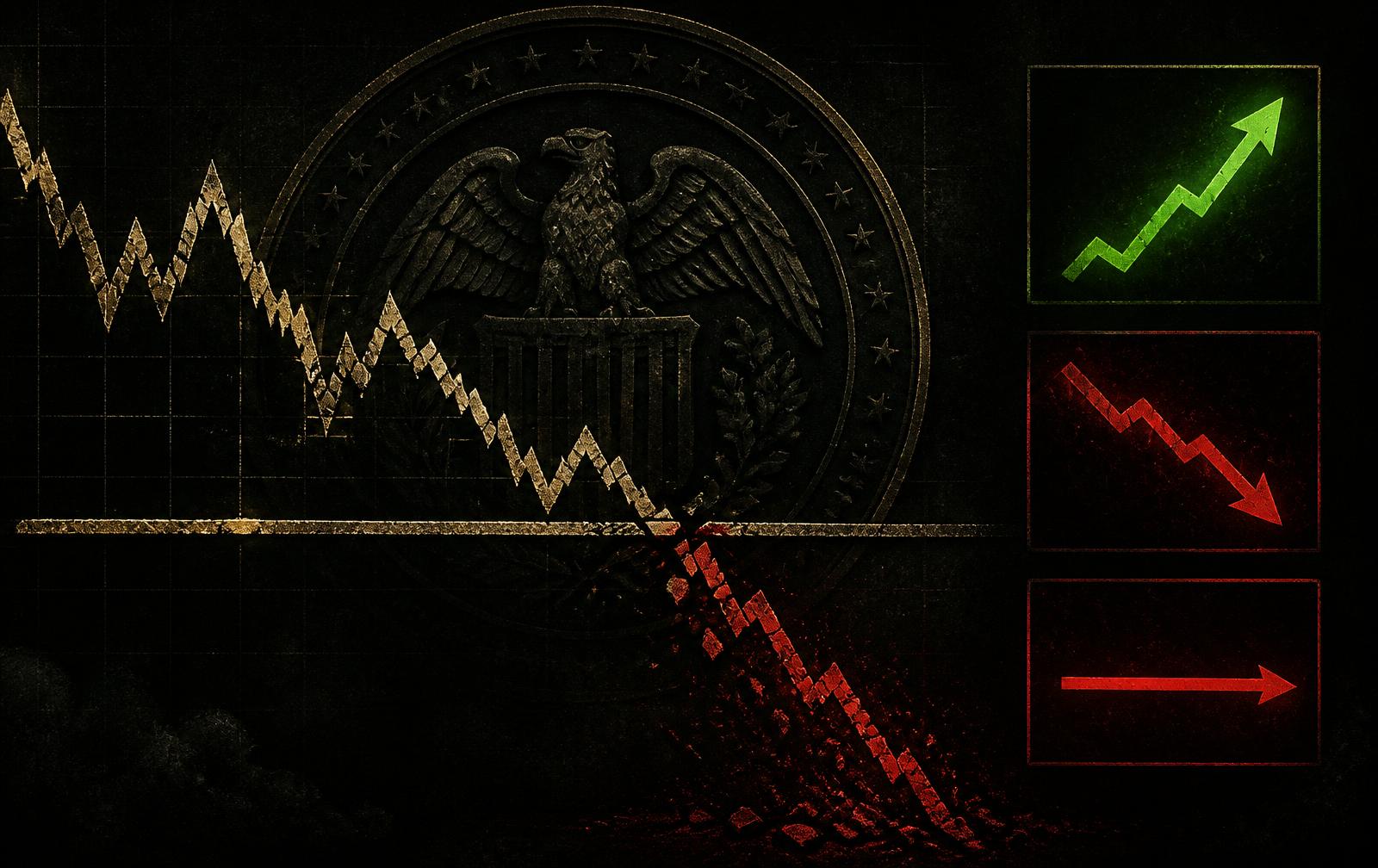 Editorial illustration of a stock chart breaking down through a support line in front of a Federal Reserve seal, with three earnings result panels beside it.