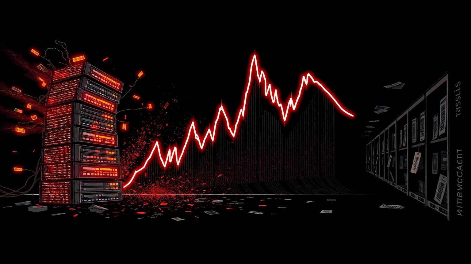 Editorial illustration on black of a toppling stack of glowing data-center server racks, a momentum chart line spiking then crashing, and a corridor of margin-call tickets.