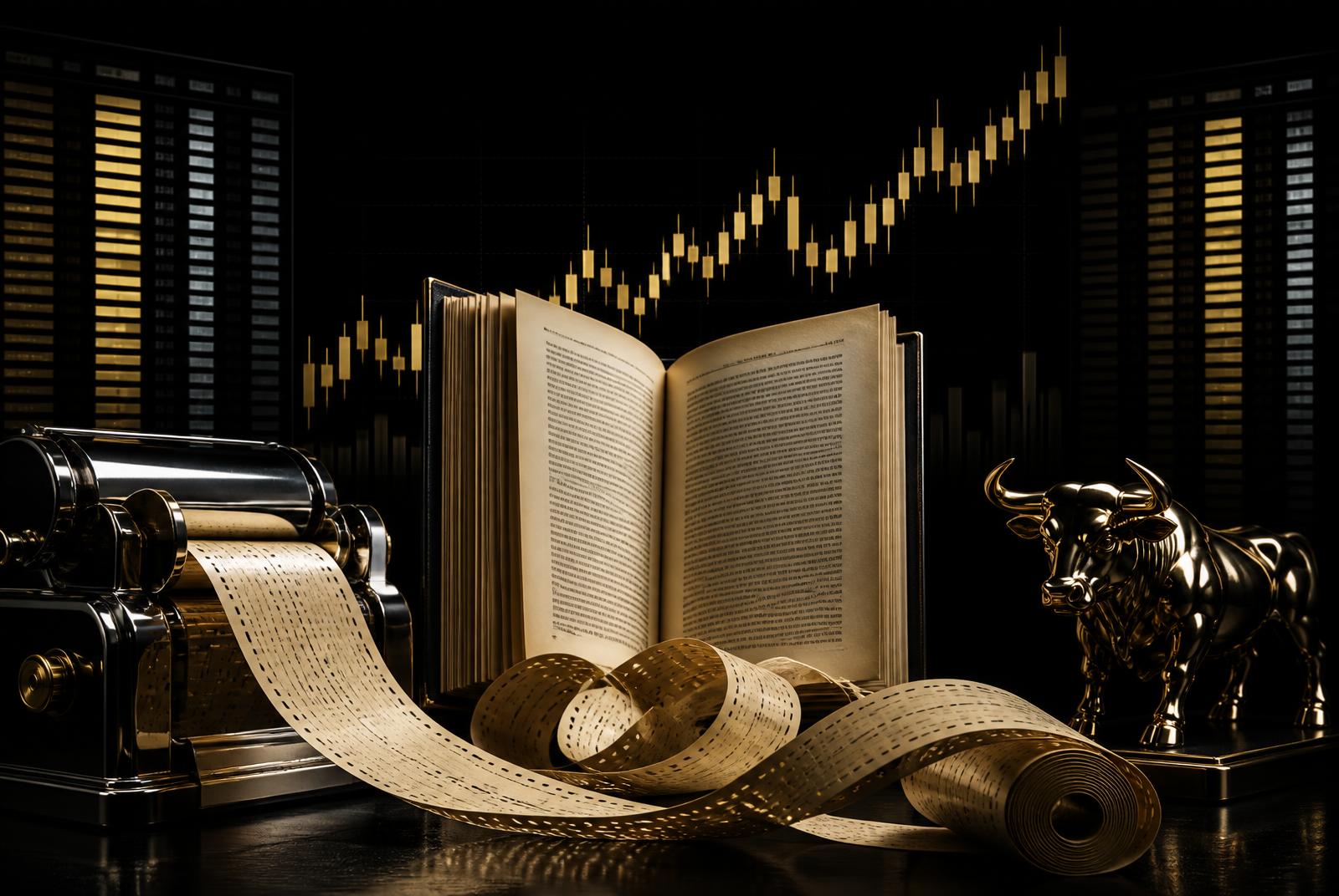 Editorial illustration of a vintage ticker-tape machine spooling tape beside an open book, gold candlestick chart rising behind it on black.