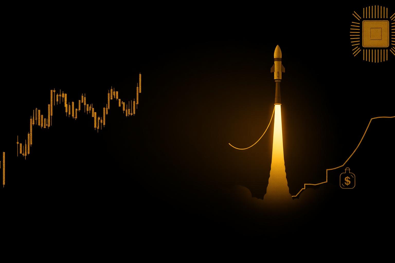 Gold candlestick chart at record highs beside a falling oil price line, with a faint rocket and semiconductor die on black.