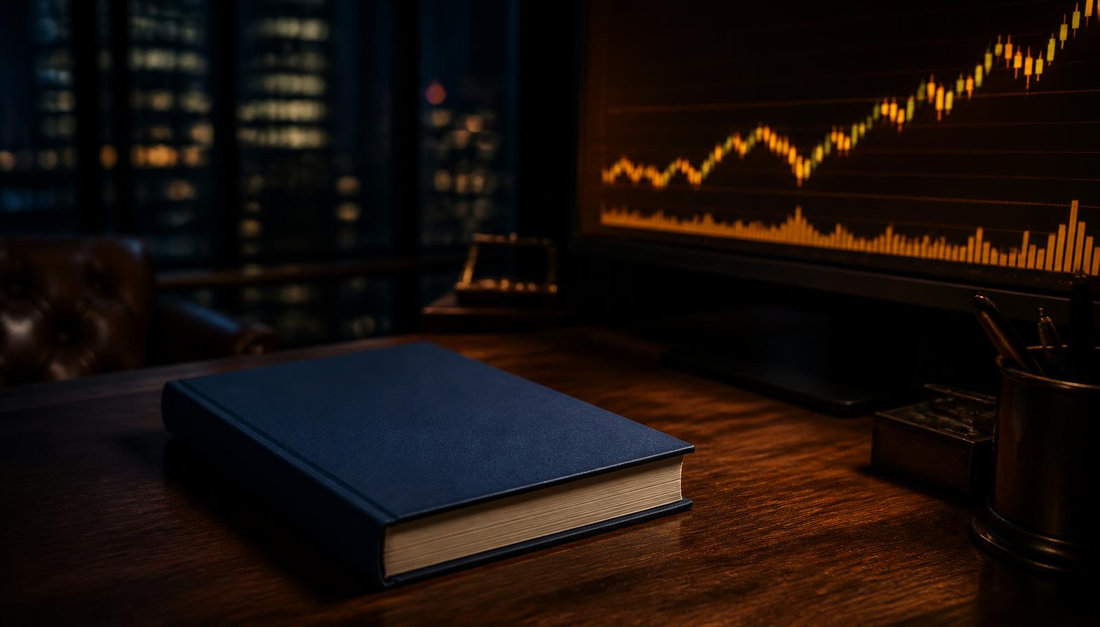 A plain navy hardcover book on a dark walnut desk at night beside a monitor showing a long-horizon candlestick chart