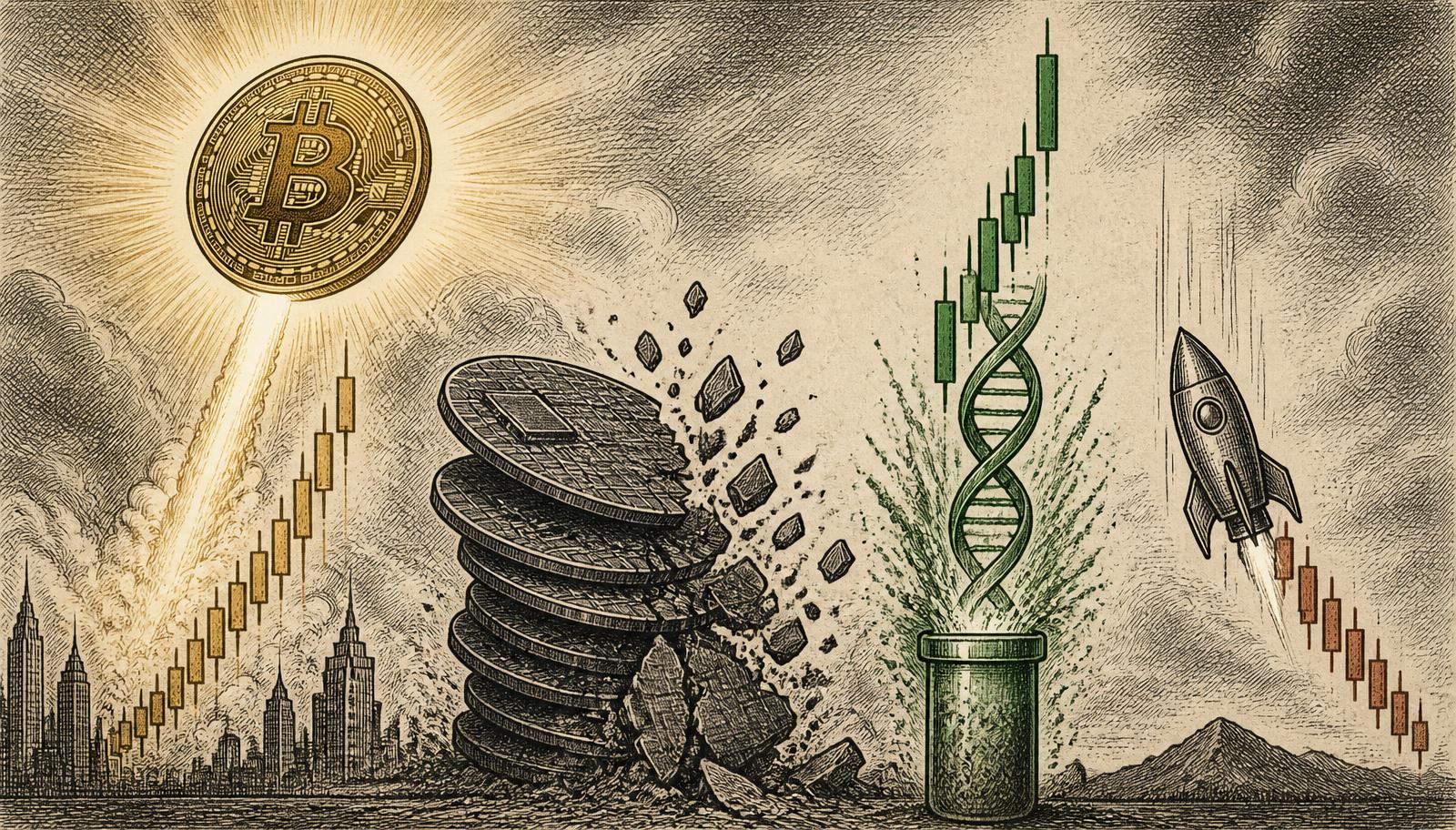 Editorial illustration of a bitcoin rocketing upward, a crumbling stack of memory wafers, a biotech vial erupting into a green candlestick, and a rocket drifting down