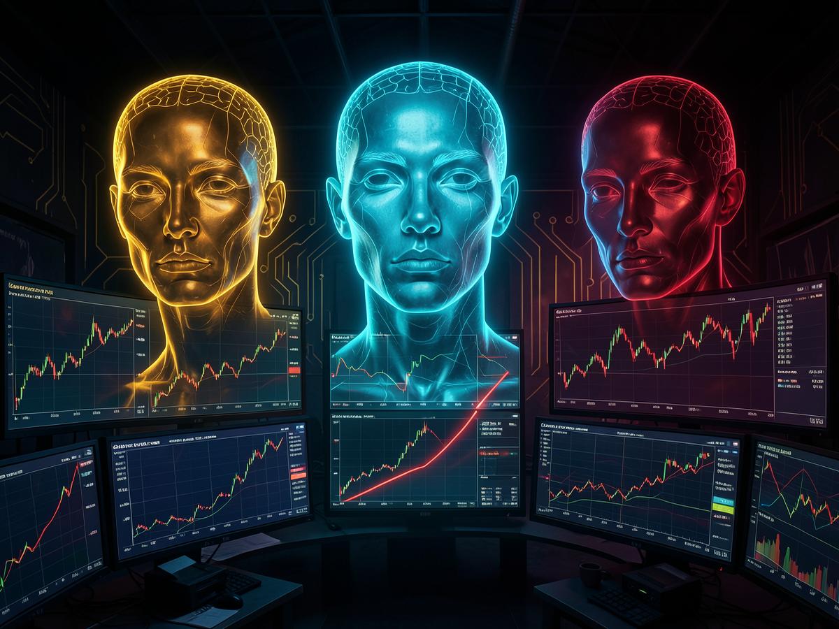 Editorial illustration of three glowing AI heads — amber, cyan and crimson — hovering over a dark trading desk whose monitors show falling semiconductor and cloud-stock charts