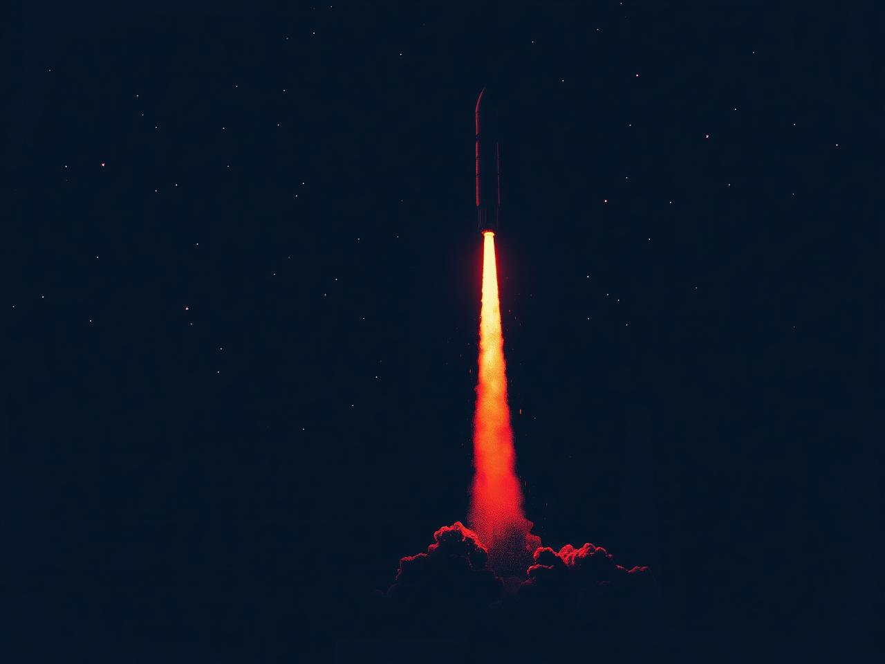 Dark editorial illustration: a rocket lifting off at night with a long ember trail against a black sky