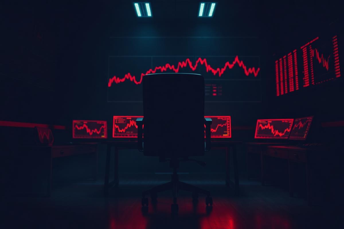Empty trading chair pushed back from a desk of red charts