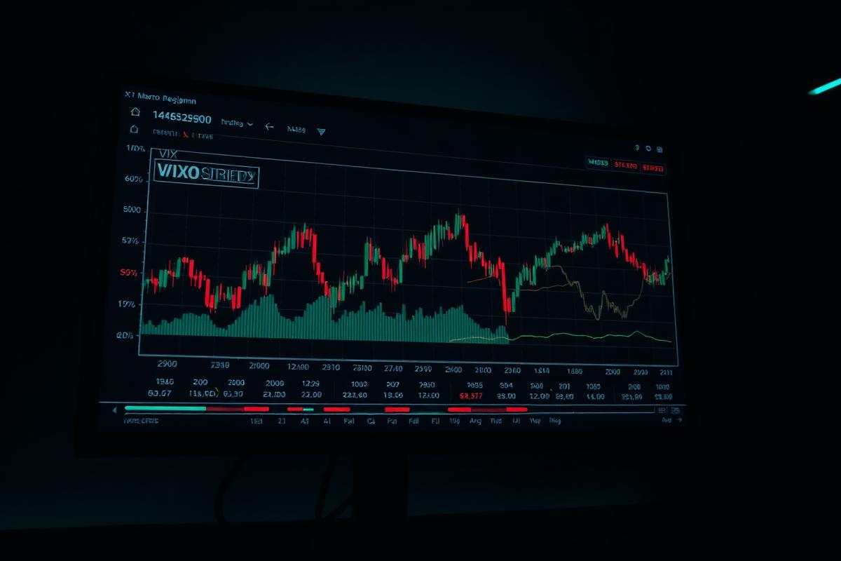 Trading monitor showing a macro regime chart with volatility and credit overlays