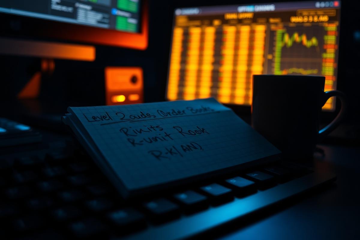 Trader's desk with handwritten risk notes in R units beside a Level 2 order book