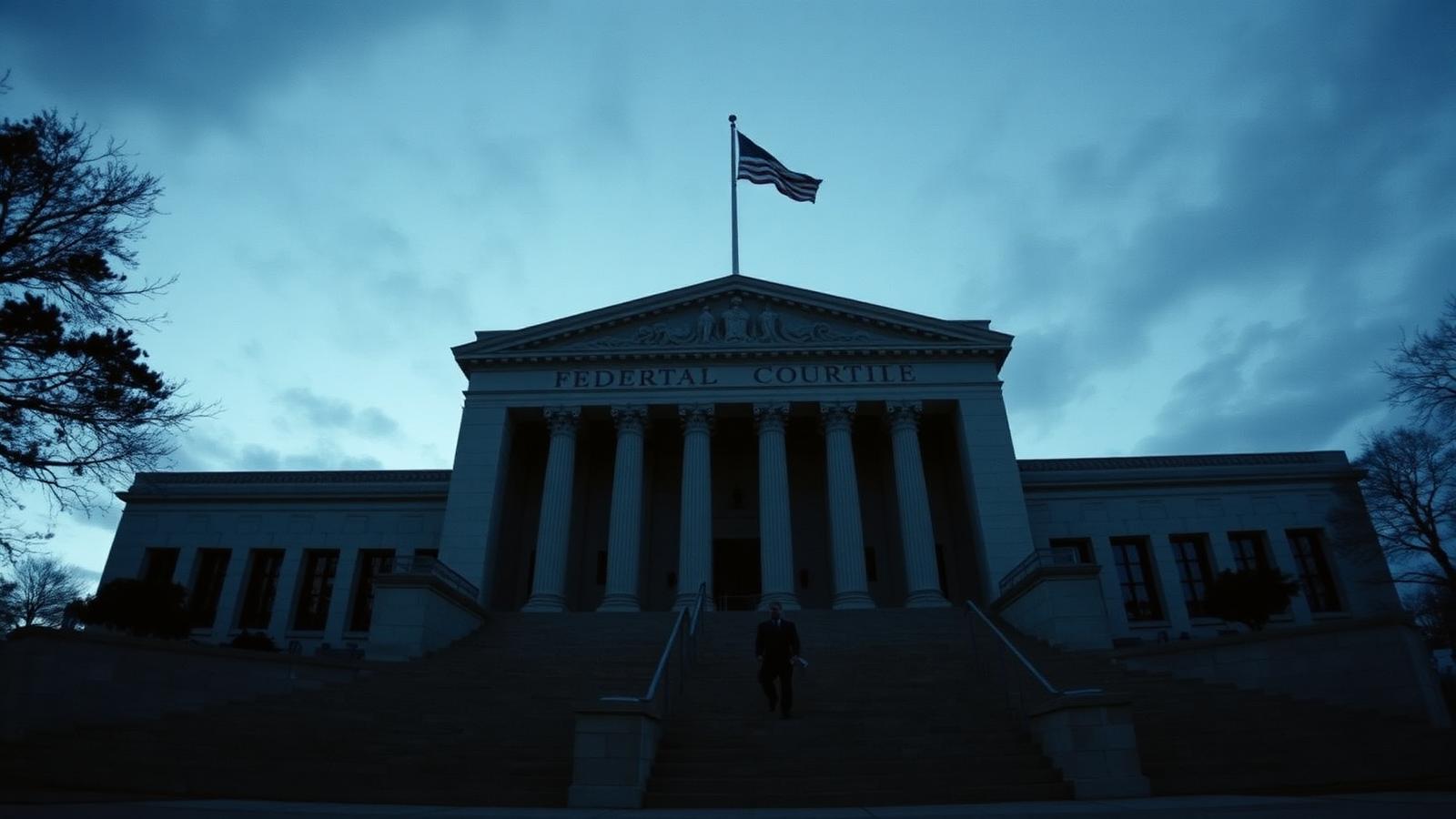 Federal courthouse facade at dusk