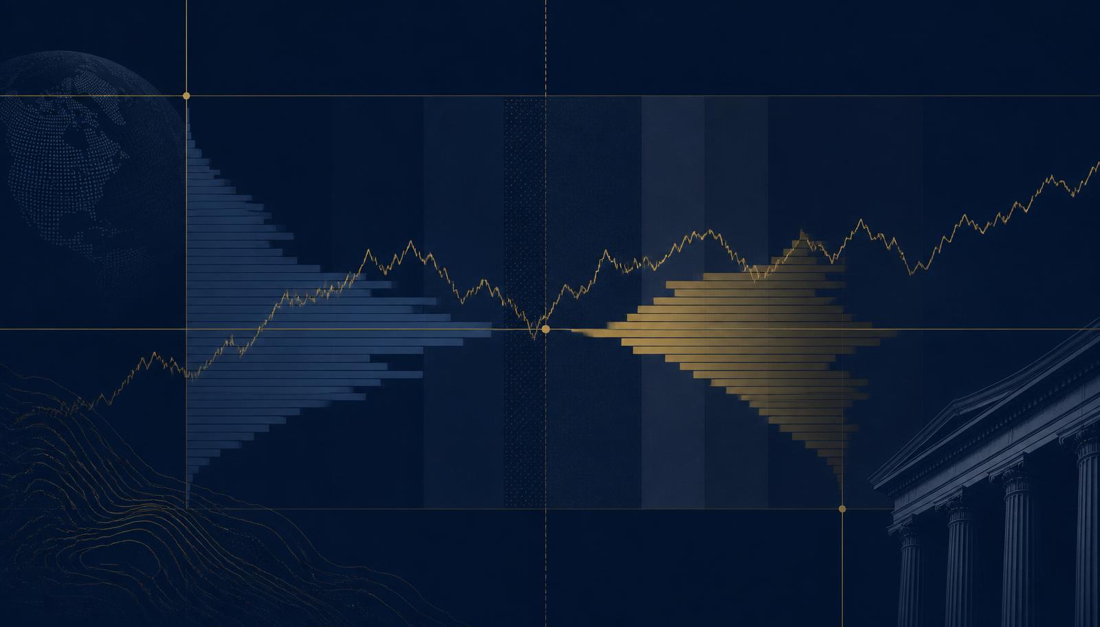 Abstract institutional chart of liquidity depth and market regime bands