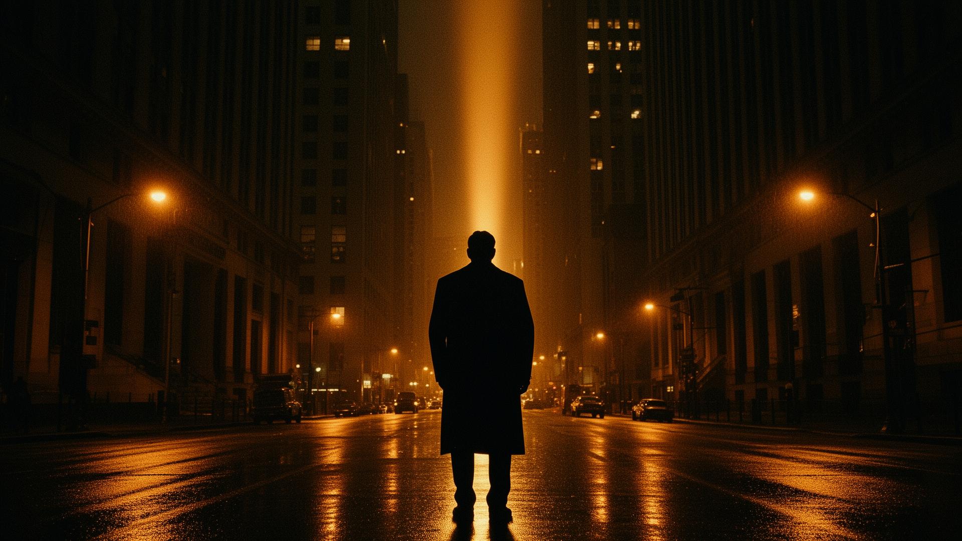 Rogue Informant — cinematic noir cover art of a lone figure in a long coat on a rain-slick downtown street, the in-development feature film about Guy Gentile